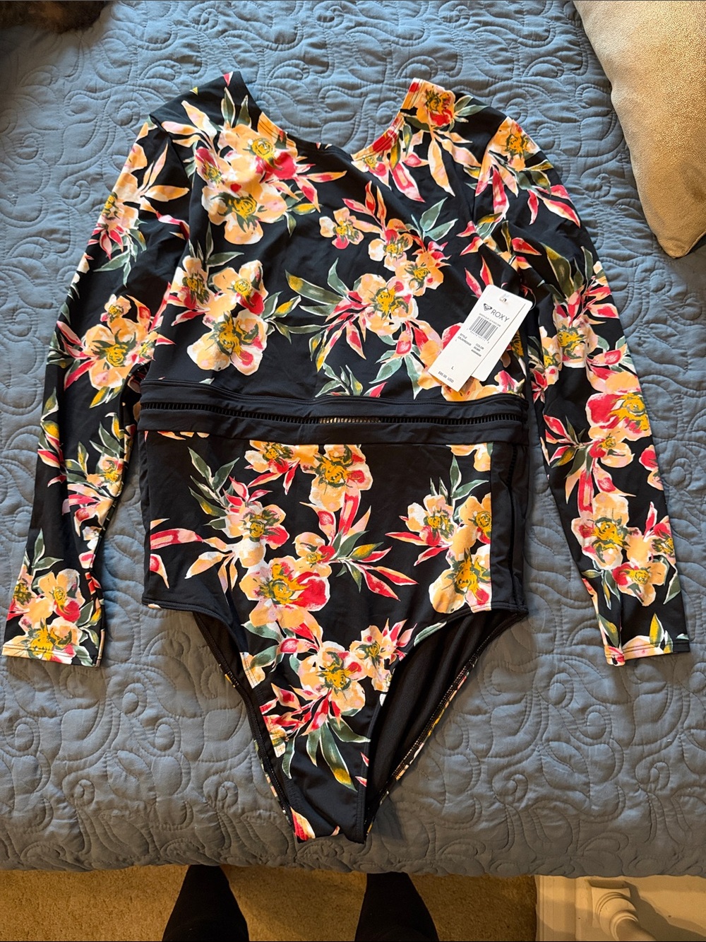 Roxy Black Floral Long Sleeve One-Piece Swimsuit with Pink and Yellow Blooms